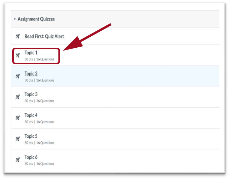 Red arrow pointing towards highlighted box for Topic 1 module link.